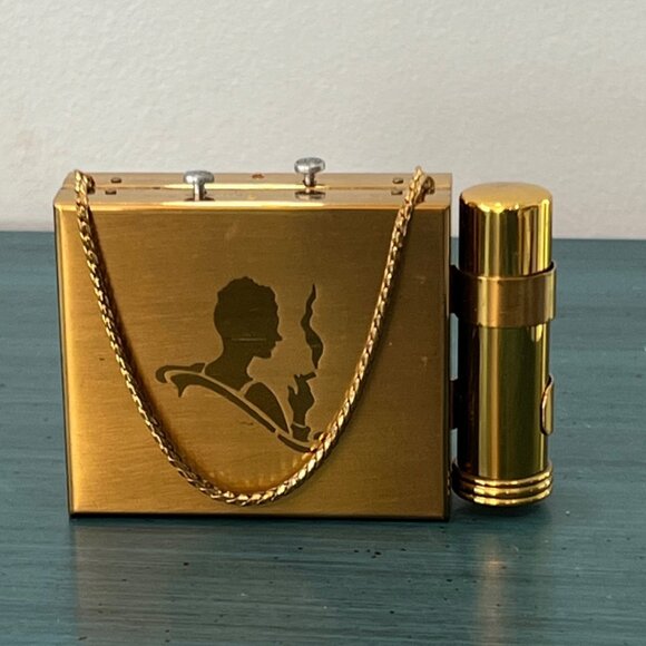 Vintage Art Deco Gold Tone Cigarette Lipstick Compact Case Vanity Make Up Purse - Picture 5 of 12